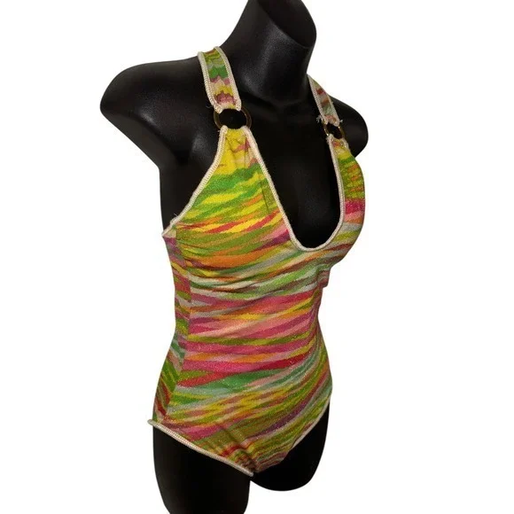 New With Tags BECCA by Rebecca Virtue One Piece Swimsuit Women's Stripe Metallic - Picture 5 of 12